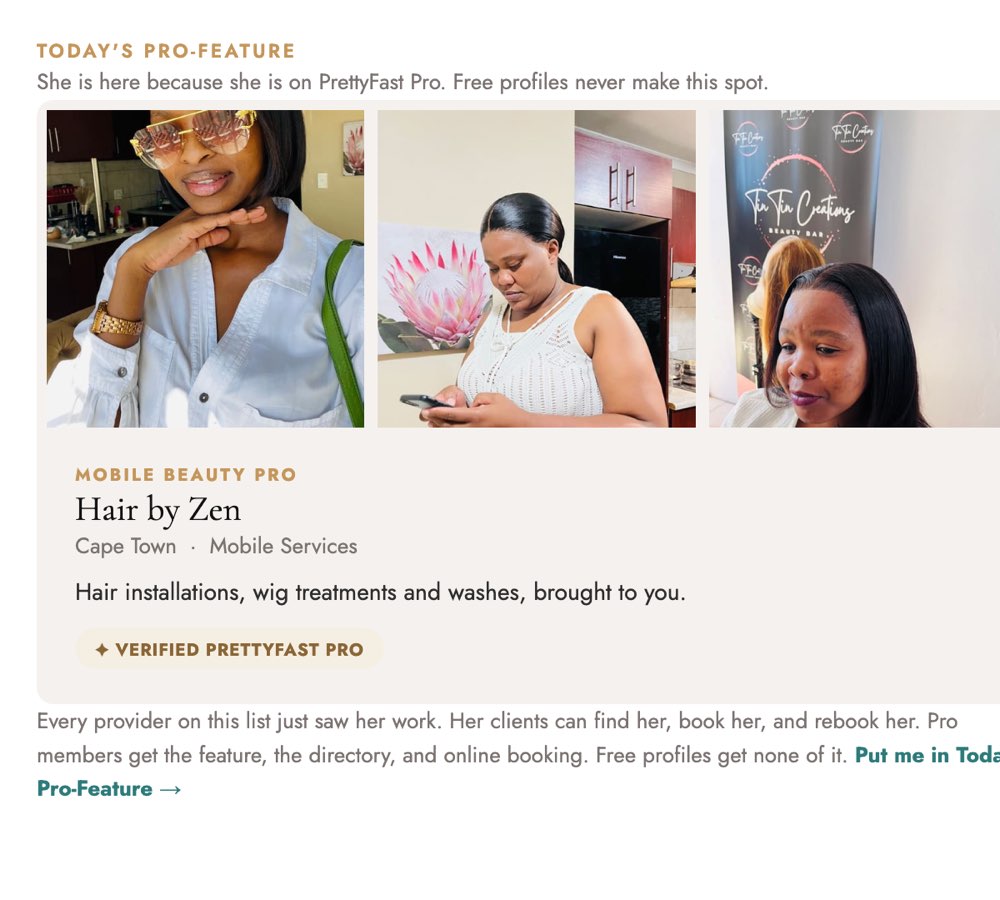 The Today’s Pro-Feature section of the daily PrettyFast email, featuring a paying Pro business with photos, name, location and a Verified PrettyFast Pro badge
