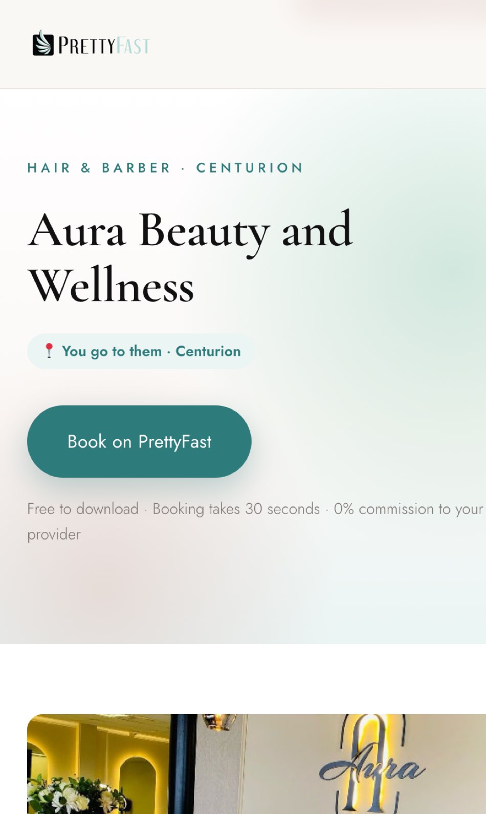 A live PrettyFast mini website for a real beauty business, showing the business name, location and a Book on PrettyFast button